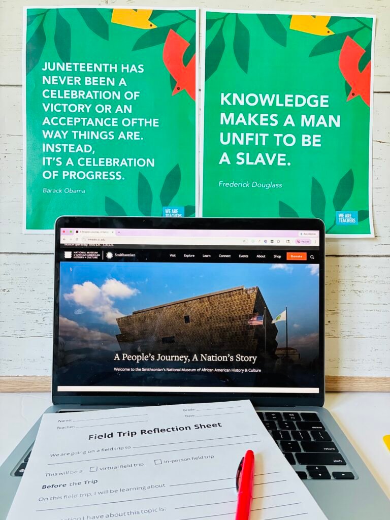 an image of a virtual field trip to the National Museum of African American History and Culture with a field trip reflection sheet