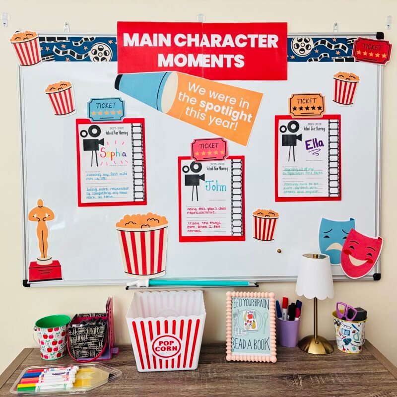 End of Year Bulletin Boards an image of a end of year bulletin board that is movie themed to showcase students' main character moments