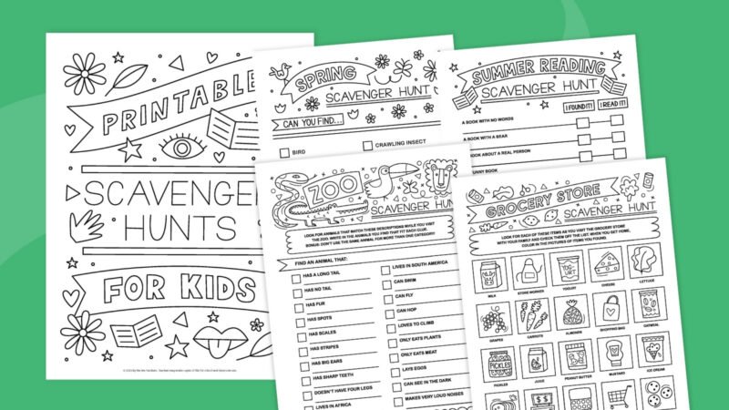 Flat lay of several scavenger hunts for kids on a green background