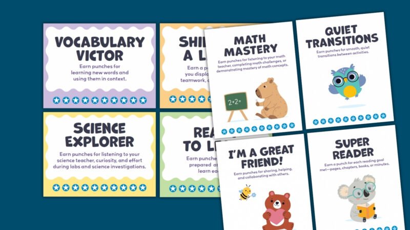 Motivational Punch Cards an image of various motivational punch cards for students