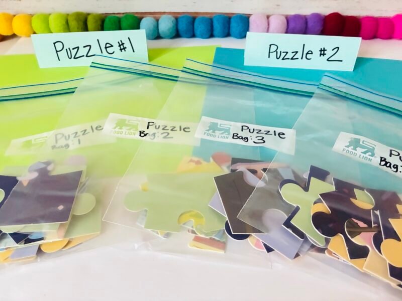Team Building Activities an image of various puzzle bags full of different puzzles for teams to put together as a team building activity