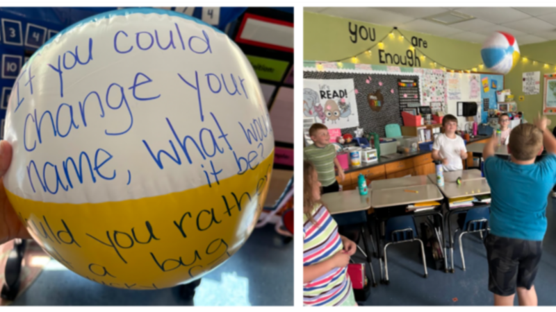 Beach ball with words written on it and kids playing beach ball icebreaker in classroom.